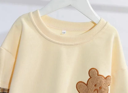 3-14 Years Teenager Girls Outfits Cute Bear Sweatshirt + Plaid Skirt 2Pcs Suit For Girls Birthday Present Children Clothing Sets.