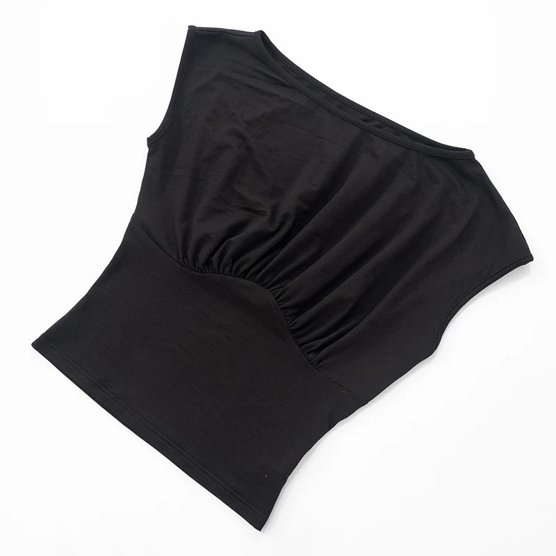 CUTENOVA Solid Color One Shoulder Slant Neck Waist Shrinking Pleated Tank Top Women'S Summer New Casual Simple Fashion Tank Top.