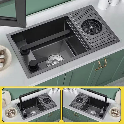 ASRAS Nano Black Small Size Kitchen Sink Cup Washer Hidden Bar Counter Cover Concealed Single Bowl Sinks With Lifting Faucet