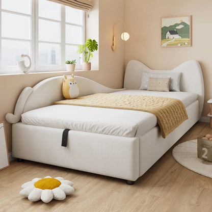 Polsterbett, Einzelbett, süßes Katzendesign, hydraulisches Bett mit Stauraum und Gürtelgriffen, stabiler Gitterrost, 90 x 200 cm