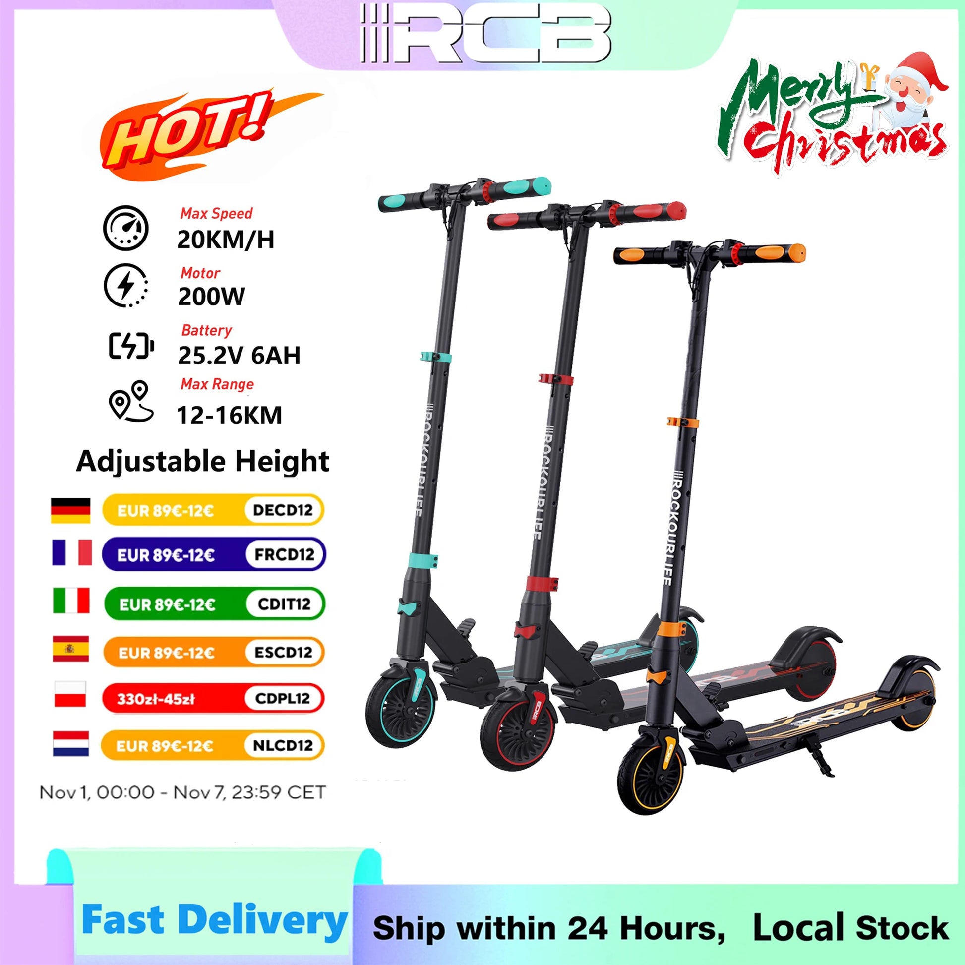 RCB Electric Scooter for Kids Ages 6-8-12, R15 Kids Electric Scooter, 20 KM/H Top Speed, 16KM Range, 3 Heights Adjustable, Gifts.