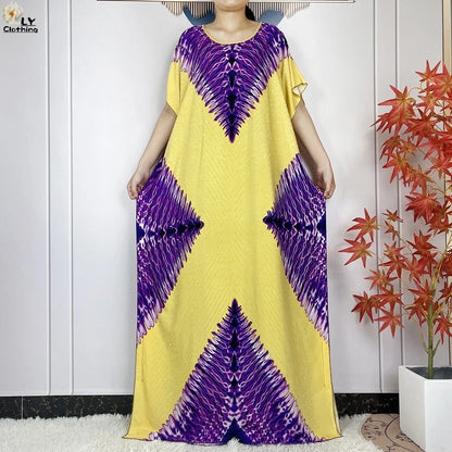 2024 New Muslim Women Dashiki Printed Dress Flower Diamonds Loose Dress With Big Scarf Islamic African Women Short Sleeve Abaya