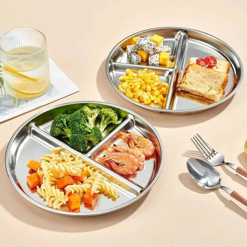 23CM Creative Round Stainless Steel 3 Grid Durable Dinner Plate Serving Tray For Kids Student Quantitative Proportion Meal Plate.