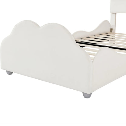 Kinderbett 90 x 200 cm hohes Geländer, Kinderbettgestell mit wolkenförmigem Kopf und Fußteil, Bett aus hautfreundlichem Samt