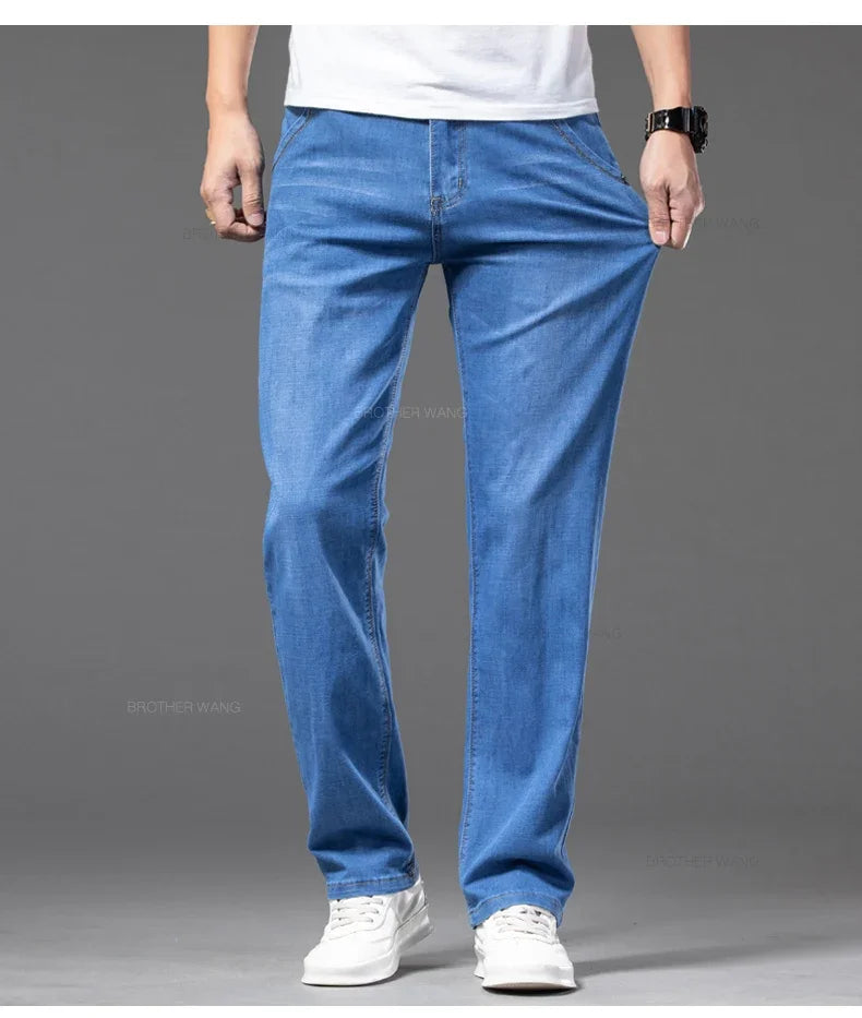 Sommer Dünne männer Gerade Jeans Klassische Schwarz Blau Stretch Casual Business Baggy Denim Hosen Männliche Marke Hosen.