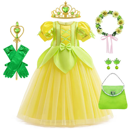 Tiana Fancy Prinzessin Kleid für Mädchen Geburtstag Party Kostüm Kinder Rollenspiel Ballkleid Kinder Karneval Performance Kleidung