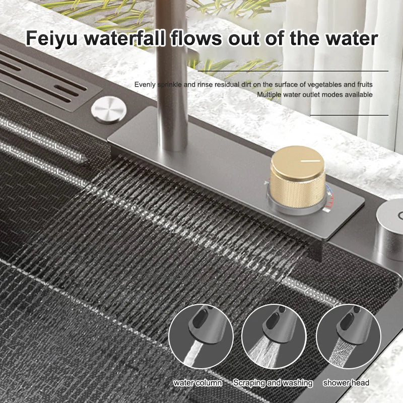 Large Single Slot Embossed Stainless Steel Waterfall Kitchen Sink  Household Wash basin Dishwashing  Sink For Kitchen