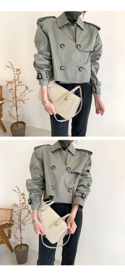 Vintage Zweireiher Graben Jacken Frauen Lose Chic Büro Dame Crop Tops Herbst Weibliche Mäntel Alle-spiel Lose Windjacke