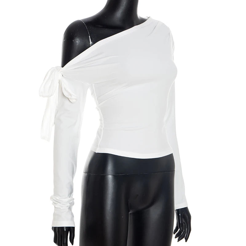 CUTENOVA Fall New Arrival Women Gathered One-Shoulder Twisted Tie-Front Asymmetrical Long-Sleeve T-Shirt Simple Casual Sweet Top.