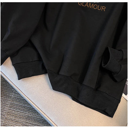 175kg plus size Damen büste Frühling Herbst loser Rundhals ausschnitt bedrucktes Langarm-Sweatshirt schwarz orange 5xl 6xl 7xl 8xl 9xl