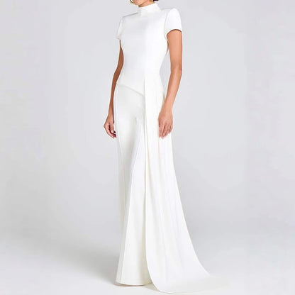 Women Elegant Commuting 2Pc Suit Fashion Stand Collar Solid Color Irregular Set Casual Short Sleeve Pullover & Long Pant Outfits.