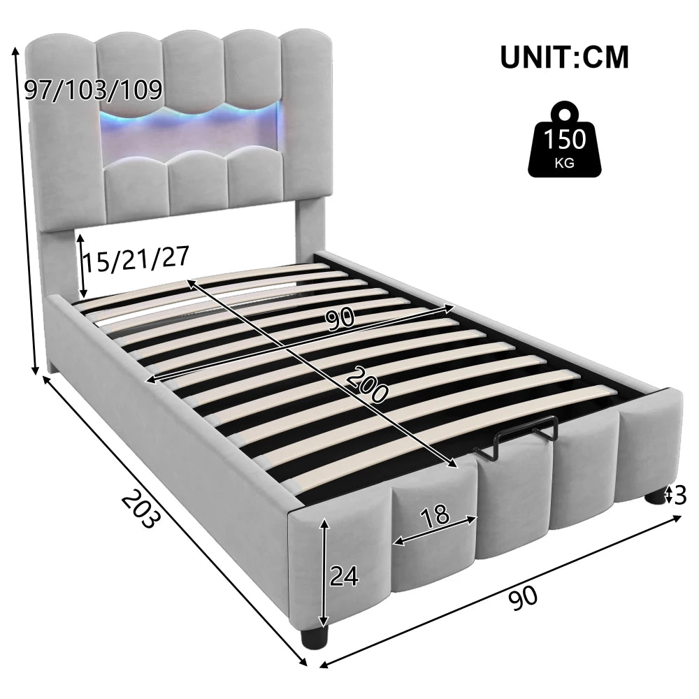 Modernes Polsterbett, 90 x 200 cm, ohne Matratze, LED-Beleuchtung, mit hydraulischem Gerät, verstellbarer Kopfteil, Samt, Grau