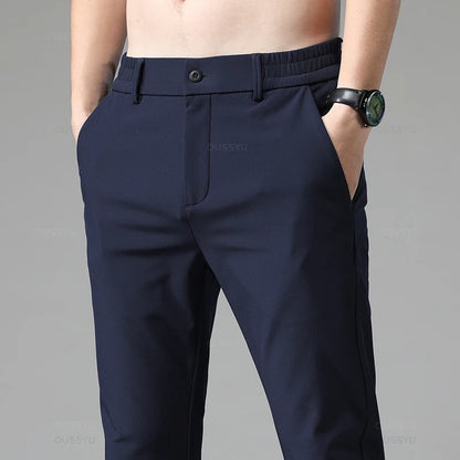 Autumn Winter Casual Pants Men Thick Business Stretch Slim Elastic Waist Jogger Korean Classic Black Gray Blue Trouser Male