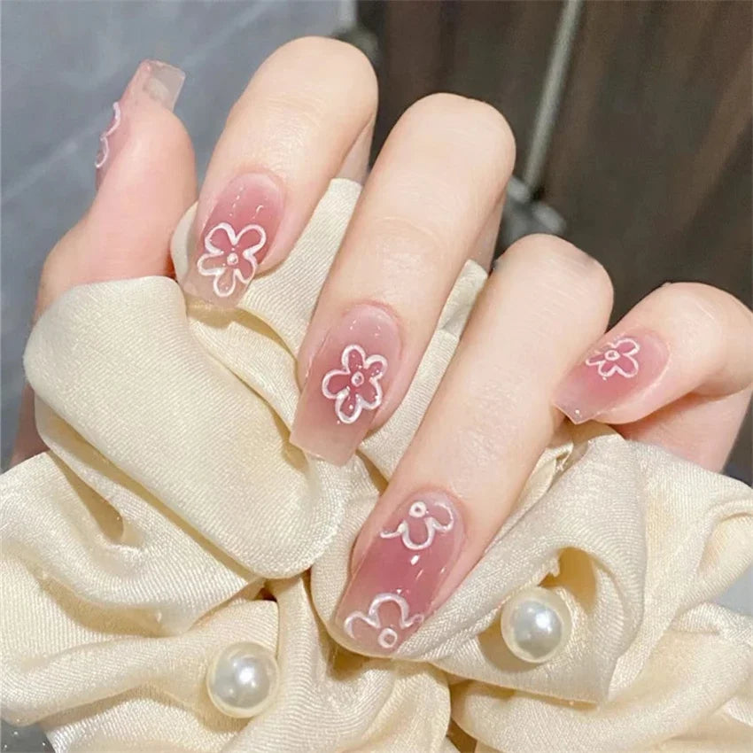 24Pcs/Set White Peach Oolong Gentle French Press on Nail Blush Halo Short Frosted Wearing False Nails Removable Fake Nail Art
