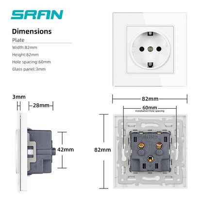 SRAN Eu-Steckdosen 220 V 16 A 82 x 82 mm Glas-Doppel-Dreifach-Wandstecker Russland Spanien Eingebautes Heimbüro.