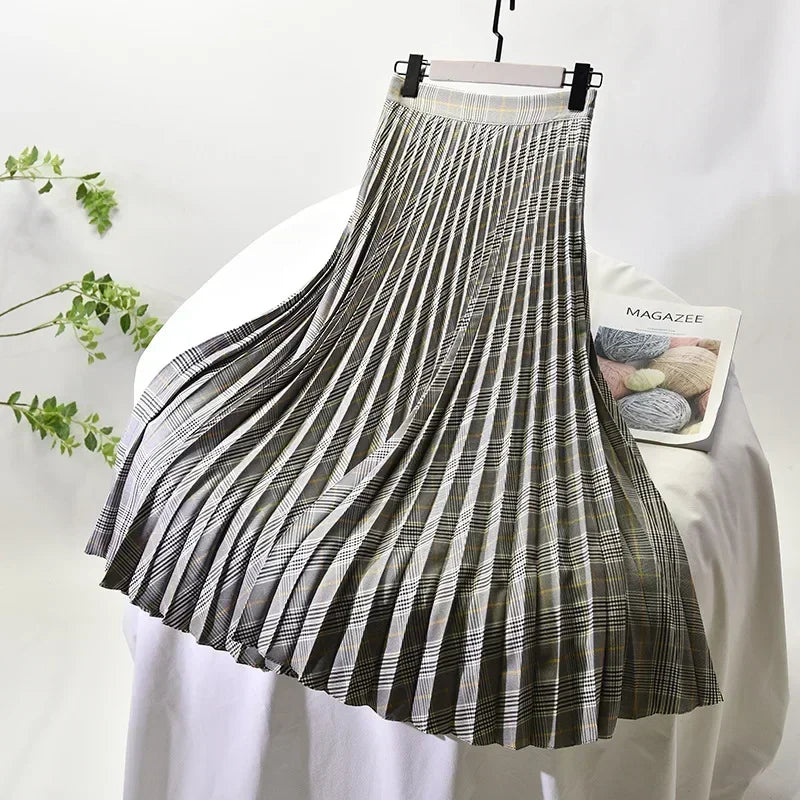 Looks Thin Pleated Skirt 2025 New High Waist A-line Skirt Mid-length Big Size Plaid Skirt Long Pleated Skirt Length 75-90cm