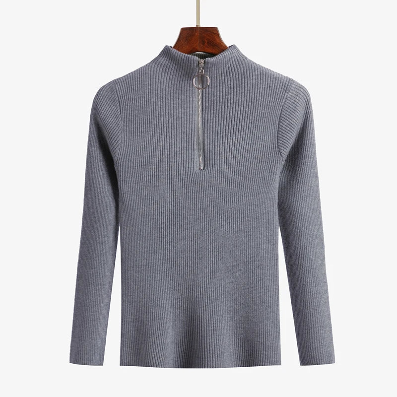 Frauen Fashion Solid Strick Pullover Vintage Langarm Zip-up Grundlegende Hälfte Rollkragenpullover Weibliche Pullover Chic Casual Tops.