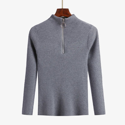 Frauen Fashion Solid Strick Pullover Vintage Langarm Zip-up Grundlegende Hälfte Rollkragenpullover Weibliche Pullover Chic Casual Tops.