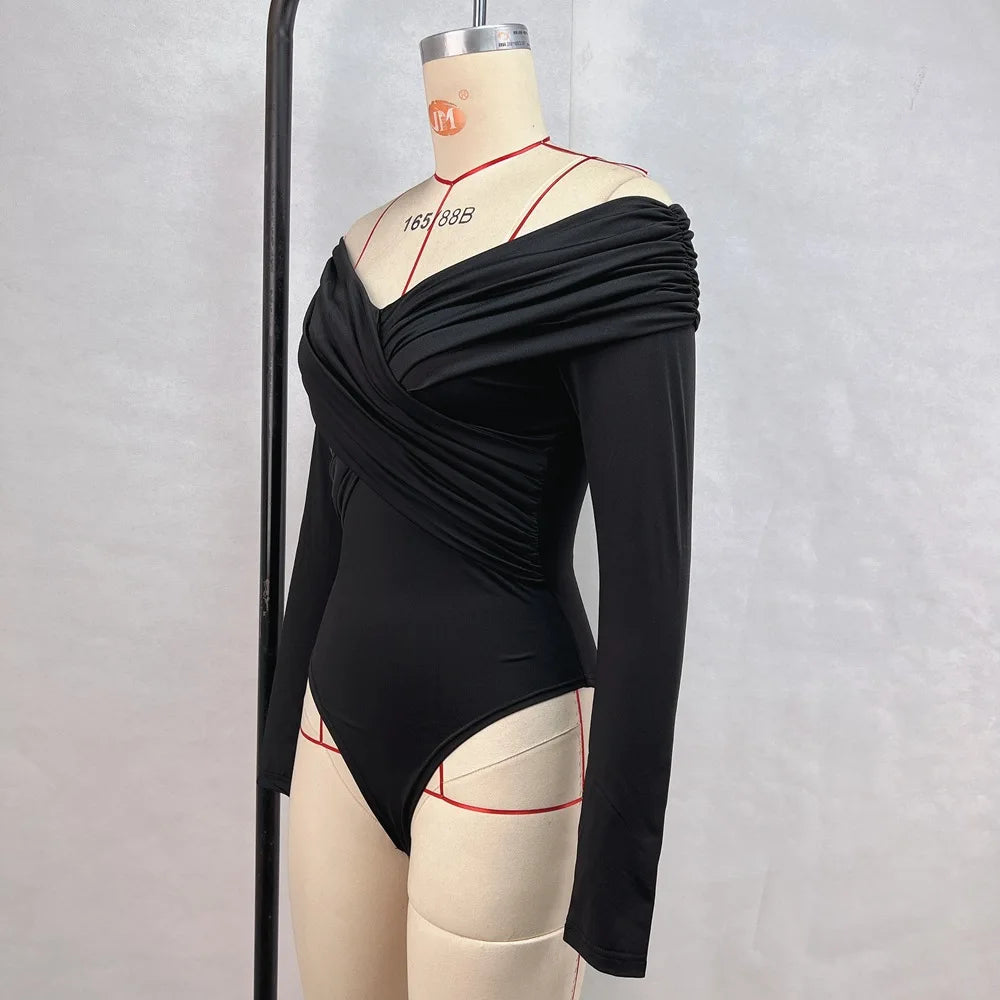 Sexy Hot Girl Slim Jumpsuits Women Fashion Solid Color Folds Corset Bodycon Crossed Bodysuits Long Sleeves Trendy Lady Rompers.