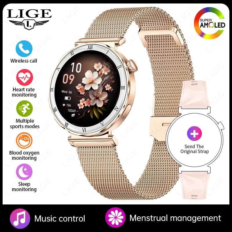 LIGE Luxury 1.19” AMOLED Screen Smart Watch Women Health Monitor Women's Wristwatch Bluetooth Call Waterproof Ladies Smartwatch