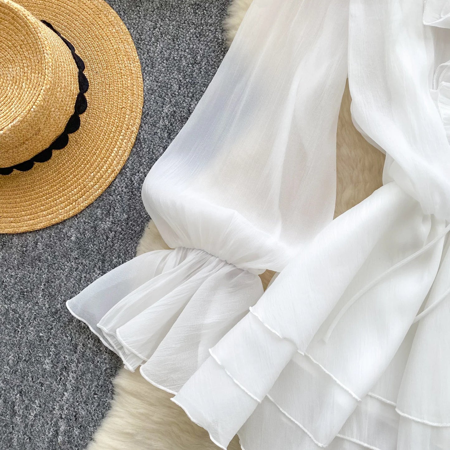 SINGREINY 3D Floral Strand Kurzes Kleid Weibliche Lange Ärmel Spitze Up Rüschen Chiffon Kuchen Sommerkleid Sheer Sexy Vintage Bohemian Kleid