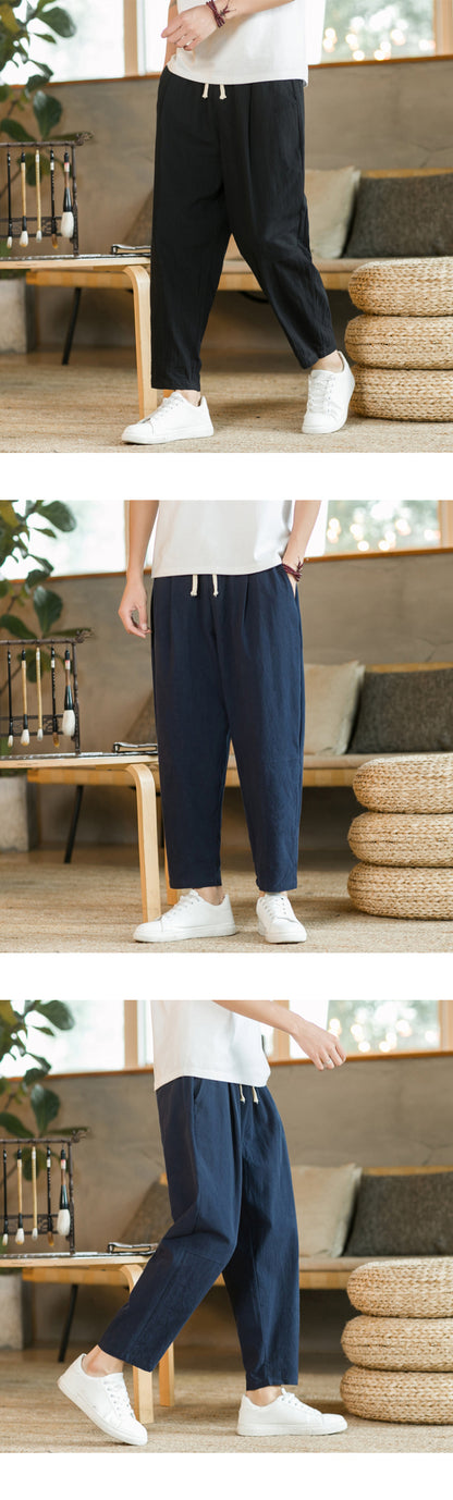 Men's Trousers Cotton Linen Fashion Casual Pants Solid Color Breathable Loose Shorts Straight Drawstring Pants Streetwear Men.