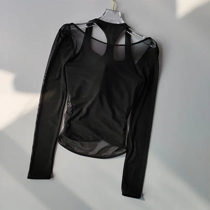 Sexy Mesh Slimming Yoga Suit for Women, Gathering Together, Sports Bra, Two Pieces, Quick Dry Training, Pilates Cover Up Blouse.