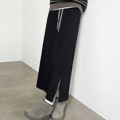 Women's Gray Split Midi Skirts Elasticity Waist Casual Loose Long Skirts Female Autumn Winter Thicken Plus Velvet Straight Skirt.
