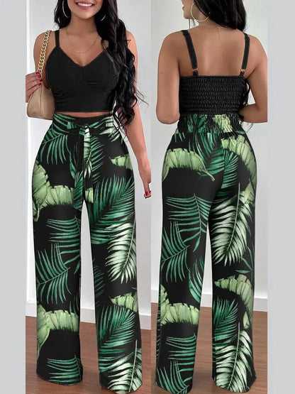 Women Fashion Print Halter V-Neck Short Tank Suit Tops Long Pants Matching Set Summer Casual Female Slim Pants Two Piece Sets.