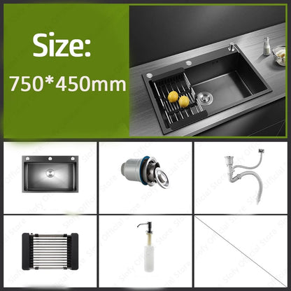 Schwarzes Nano-Waschbecken, einzelnes Waschbecken, kreative Küchenspülen aus Edelstahl, Abflussset für Zuhause, handgefertigtes Waschbecken, Küchenzubehör