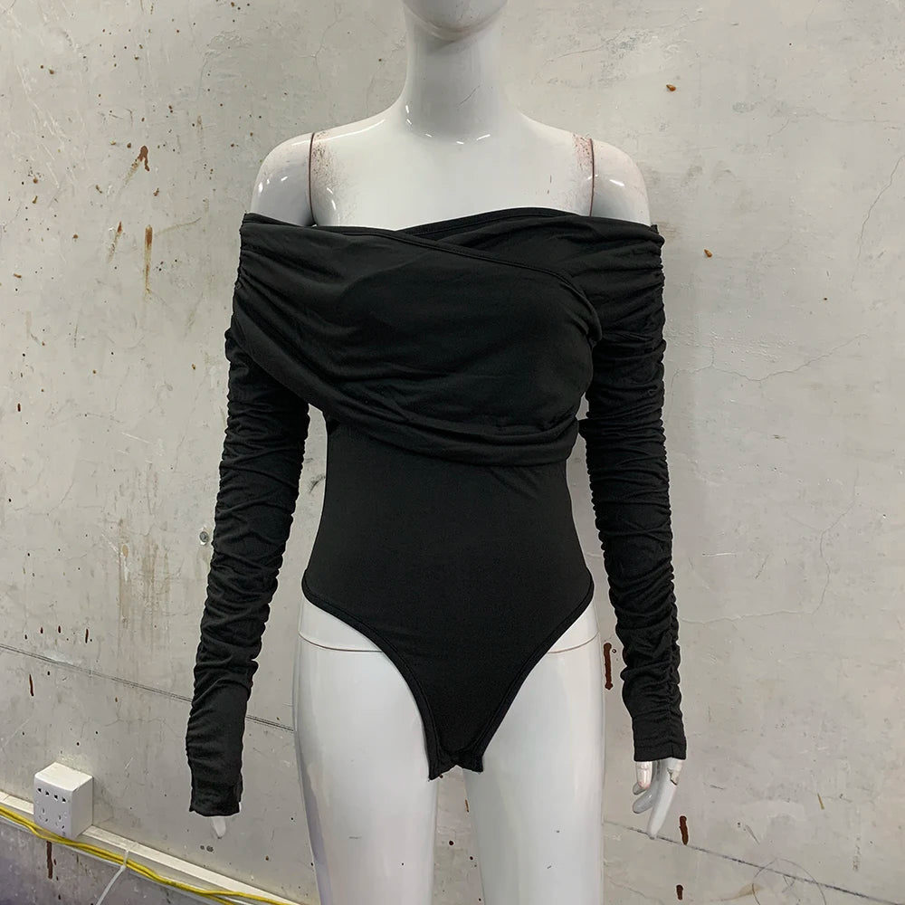 Women's Autumn One Shoulder V-Neck Pleated Long Sleeve Top Tight Fitting Temperament Jumpsuit New Collection.