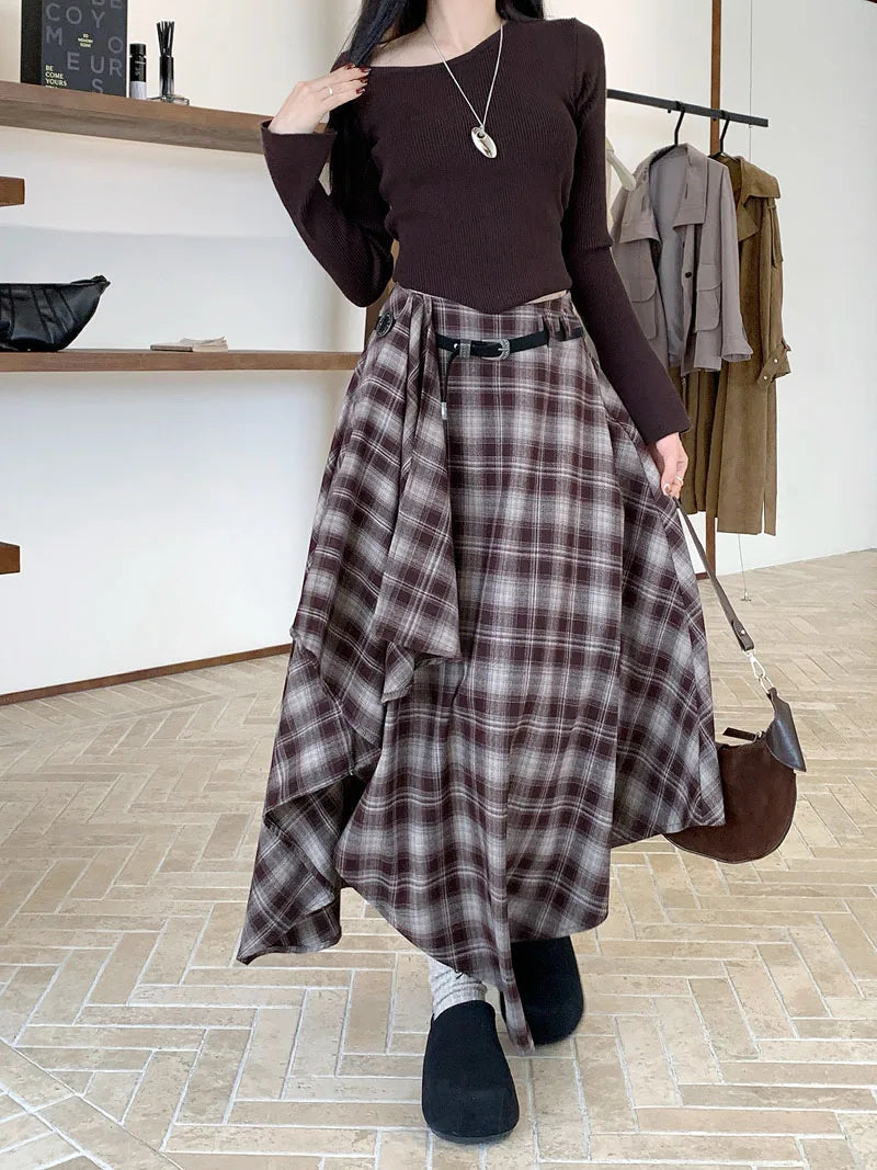 MEXZT Vintage Plaid Woolen Midi Skirt Women Y2K Harajuku Belt Asymmetrical Skirts Winter Gyaru Grunge Korean Design Faldas New