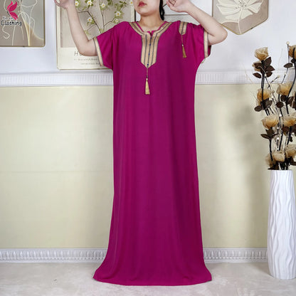 2025 Muslim Caftan Short Sleeve Dress Solid Cotton Summer Abaya African Traditional Dresses Islam for Women Casual Clothing.