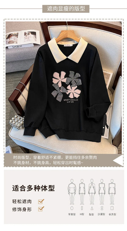 170 kg Plus Size Damen-Büste 170 Frühling Herbst Loose Diamond Collared Sweatshirt Schwarz 4XL 5XL 6XL 7XL 8XL 9XL.
