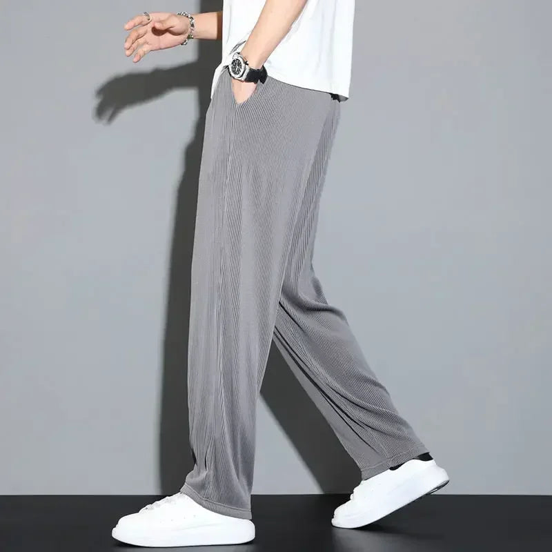 Summer Loose Ice Silk Pants Men's Drape 100KG Size Long Pants Fat Casual Sports Pants Wide Leg Straight Pants Tide Brand.