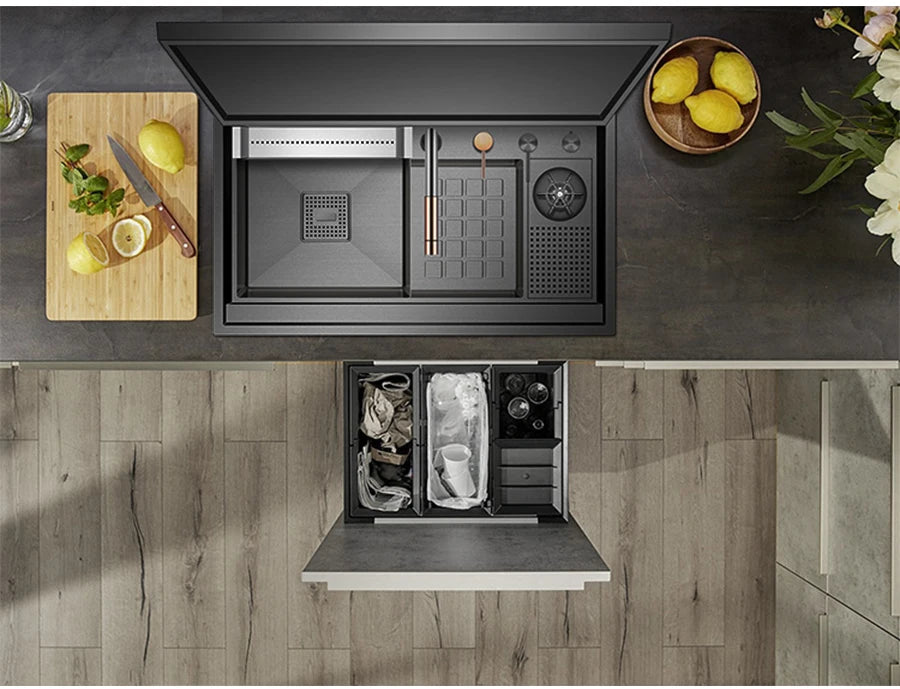 ASRAS Nanometer Black Flip Cover Hidden kitchen Sink 304 Stainless Steel 4mm Thickness Handmade Stepped Sinks Cup Rinser Sinks