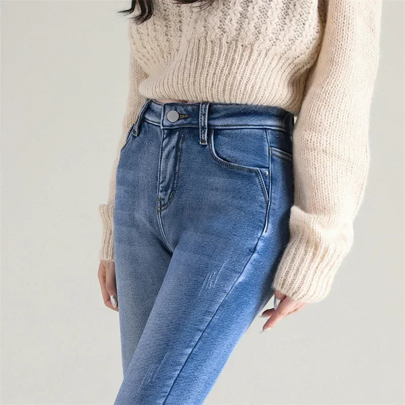 Frauen Thermische Dünne Jeans Mom Winter Warme Plüsch Stretch Jeans Dame Fleece Schnee Denim Hosen Student Bleistift Gerade Bein Hosen