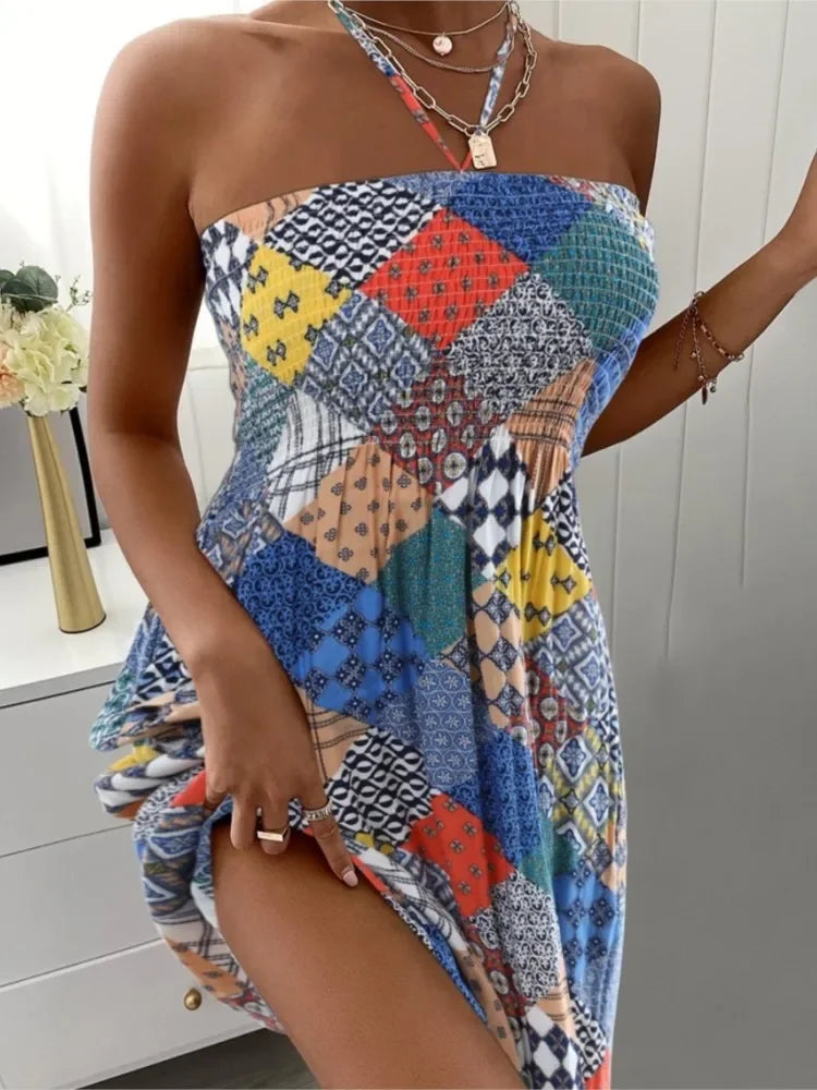 Sommer Sexy Neckholder Ärmellose Minikleider Für Frauen Boho Blume Gedruckt Strandkleid Damen Strap Neck Casual Urlaubskleid.