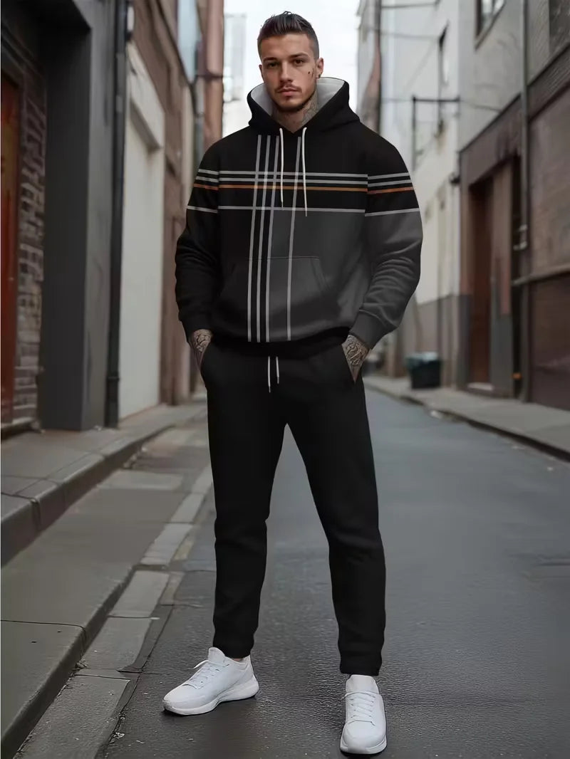 Autumn and Winter Casual Men's Sweatshirt Sets Fashion Striped Print Hoodies and Pants 2 Piece Outfit Outdoor Loose Sports Suit.