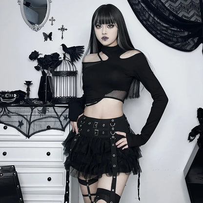 Goth Dark Ruffles Mall Gothic Mesh Splice Mini Skirts Grunge Aesthetic Harajuku Buckle A-line Skirt Punk High Waist Alt Bottoms