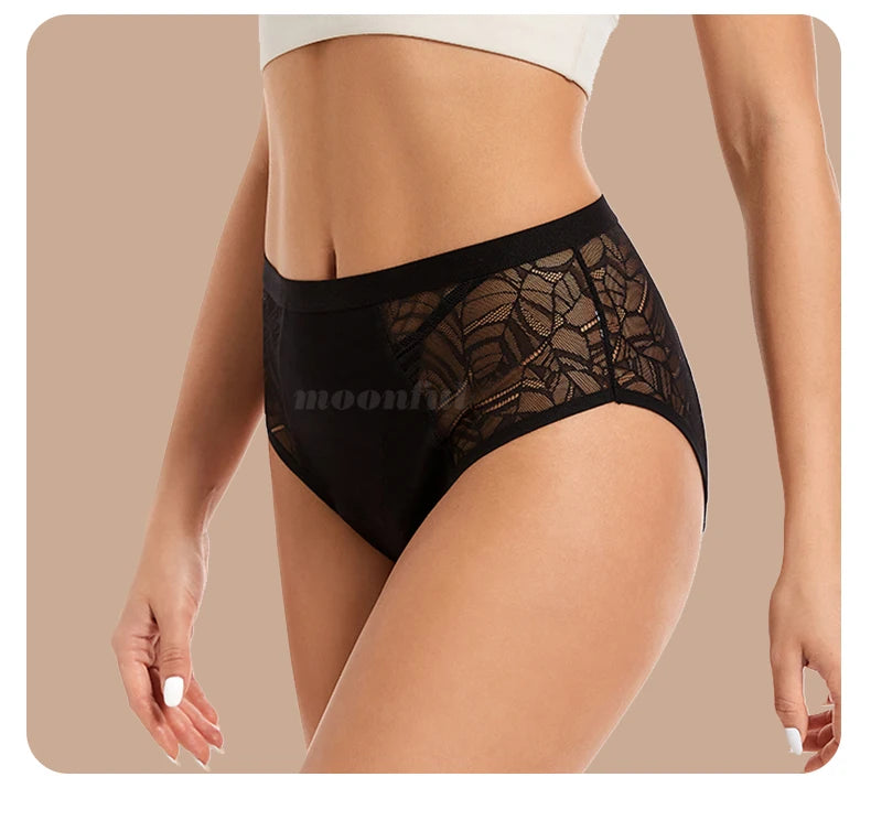 Moonful Women's Menstrual Panties High Waist Leak Proof 4 Layer Breathable Lace Period Underwear Girls Absorbent Brief
