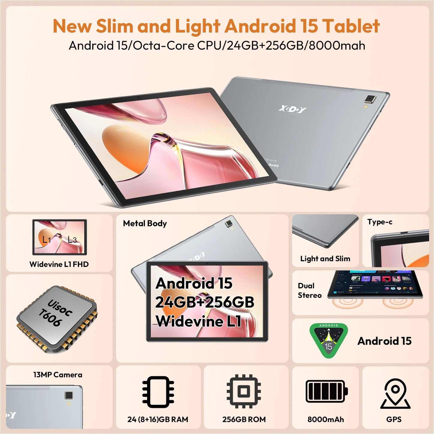 XGODY Newest P60 PRO Tablet Android 15 24GB(8+16)+256GB Octa core Dual SIM 4G LTE Free Keyboard Case/Charger 10.1 inch 8000mah.