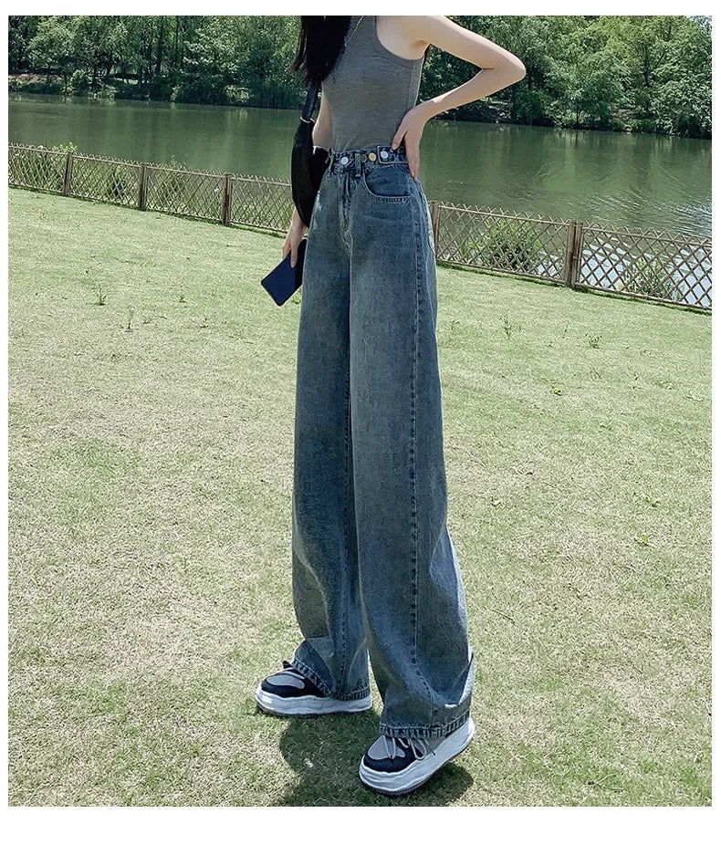 High Waist Straight Leg Jeans Women's Summer New 2025 Small Size Wide Leg Loose Drapey Slimming Floor-Length Pants.