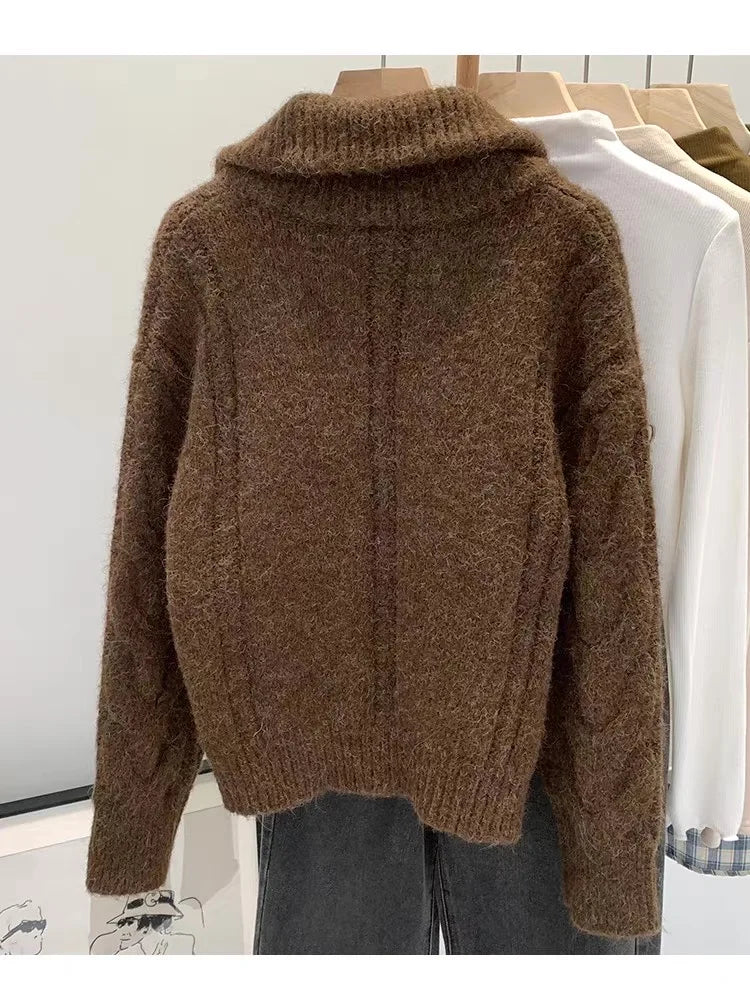 Women Autumn Winter New Lazy Style Loose Knitted Cardigan Retro Solid Color Double Zipper Turn-down Collar Sweater New Women Top