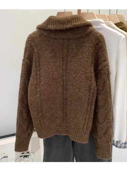 Women Autumn Winter New Lazy Style Loose Knitted Cardigan Retro Solid Color Double Zipper Turn-down Collar Sweater New Women Top