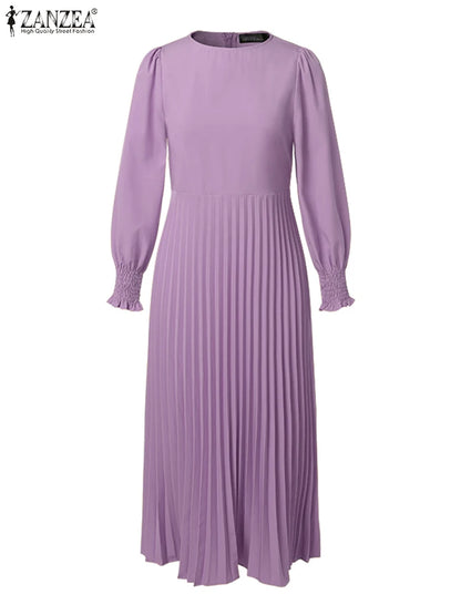 ZANZEA Elegantes Damen-Plisseekleid, edel, gesmokte Bündchen, langärmelig, O-Ausschnitt, Fit und Flare, lang, Vestidos, Pendeln, solide Party-Roben.