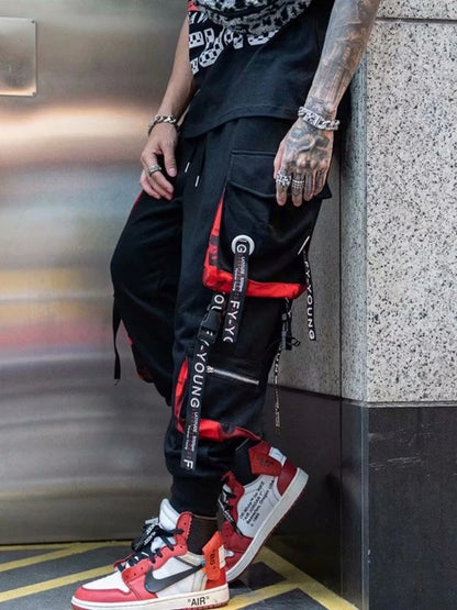 Men's Cargo Pants Casual Hip Hop Hit Color Multiple Pockets Trousers Streetwear Ribbons Techwear Sweatpants.