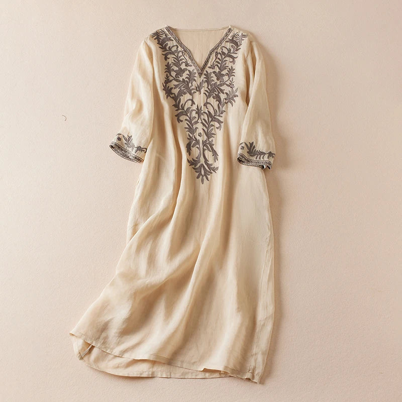 Vintage bedruckte Frauen kleider neue französische lose V-Ausschnitt Kleidung Kurzarm Sommer A-Linie Stickerei Empire Kleid.