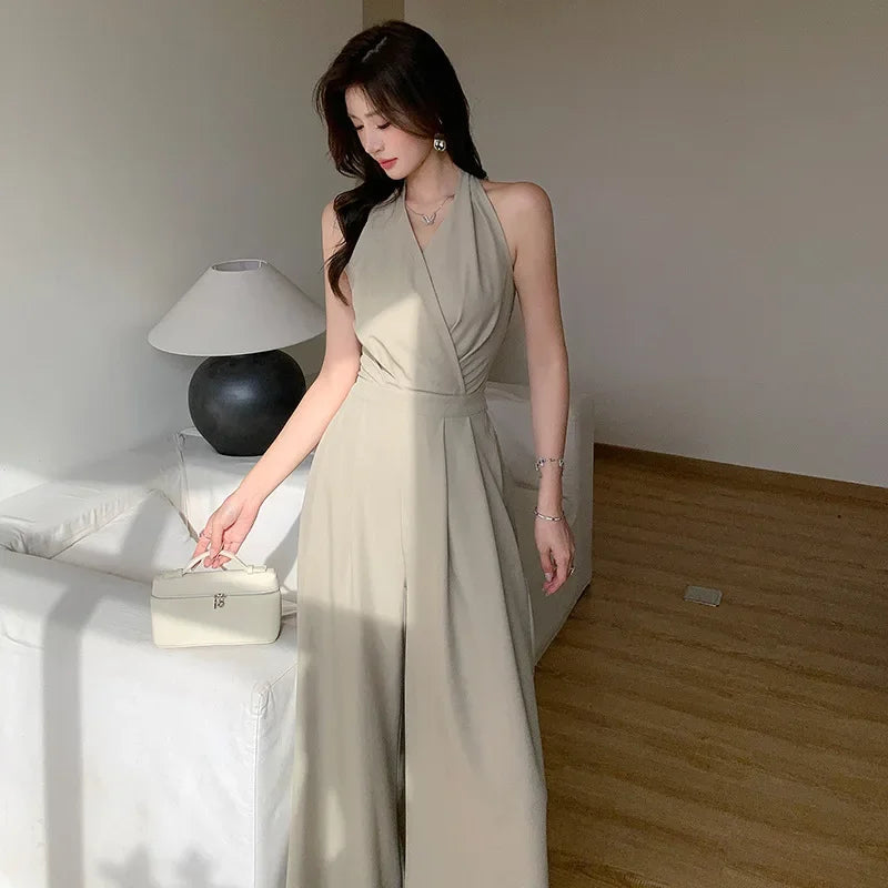 French Vintage Polyester Halter One-Piece Pants Women's Summer Business Commute High Waist Slimming Versatile Suit Long Pants.