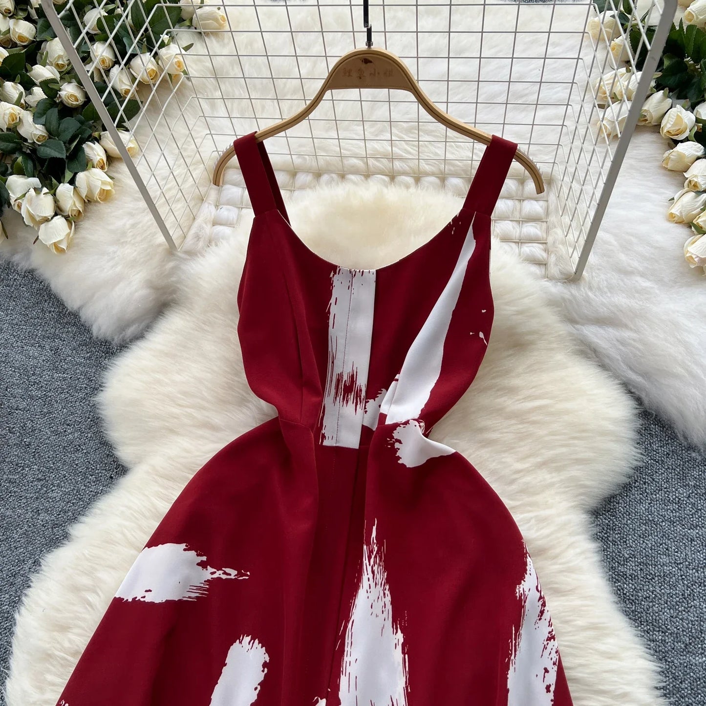 Neue Sommer Druck Süße Kleid Träger O Neck Backless Split Elegante Damen Urlaub Strand Party Midi Sommerkleid